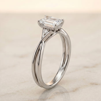 The Dusty Hidden Halo Solitaire Emerald Cut Engagement Ring Setting in 18K White Gold