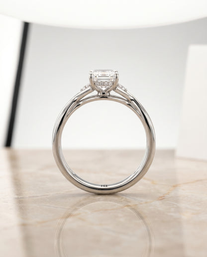 The Dusty Hidden Halo Solitaire Emerald Cut Engagement Ring Setting in 18K White Gold
