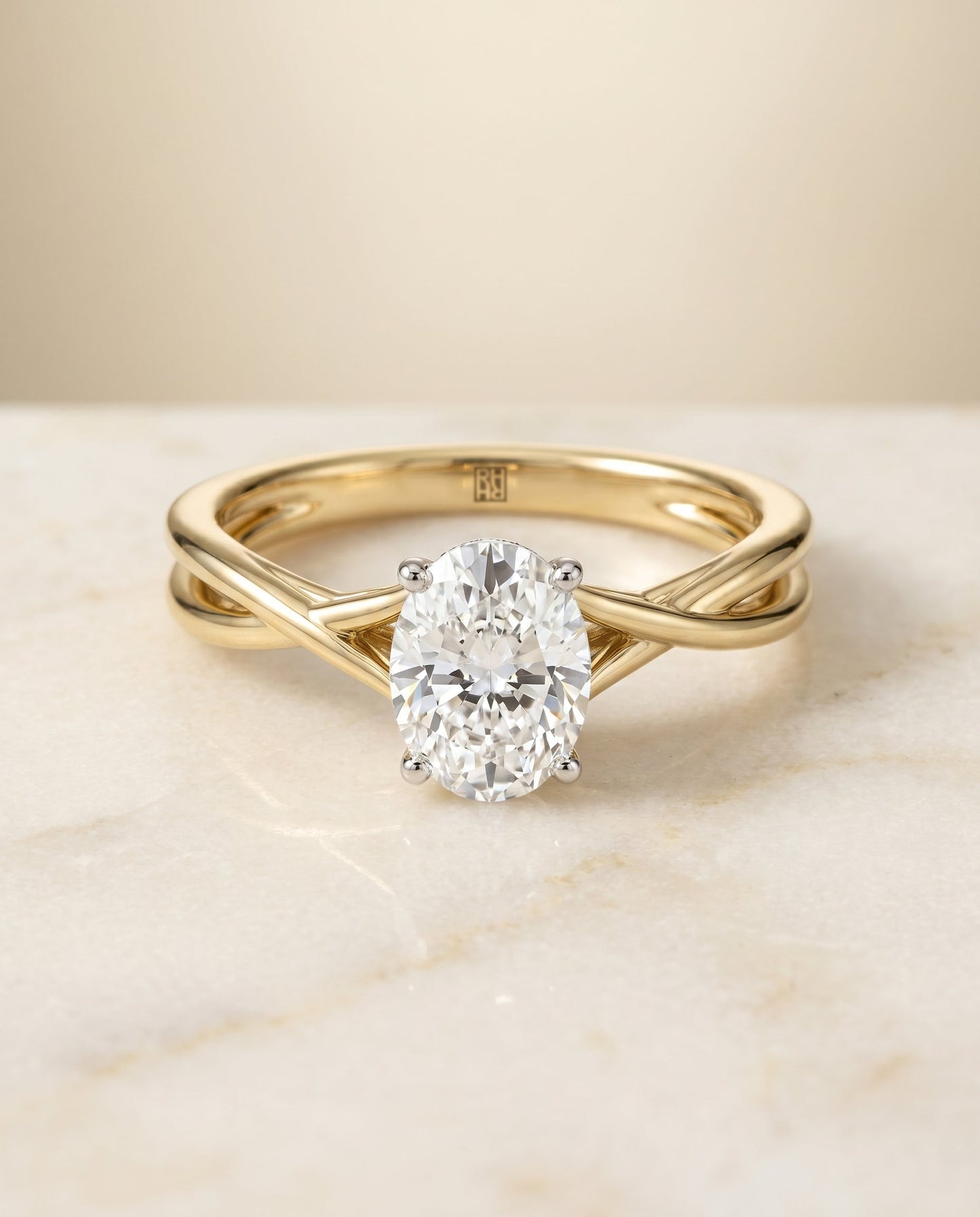 Grace Select Twisted Shank Hidden Halo Solitaire Oval Lab Diamond Engagement Ring in 18K Yellow Gold, alternate angle | RockHer