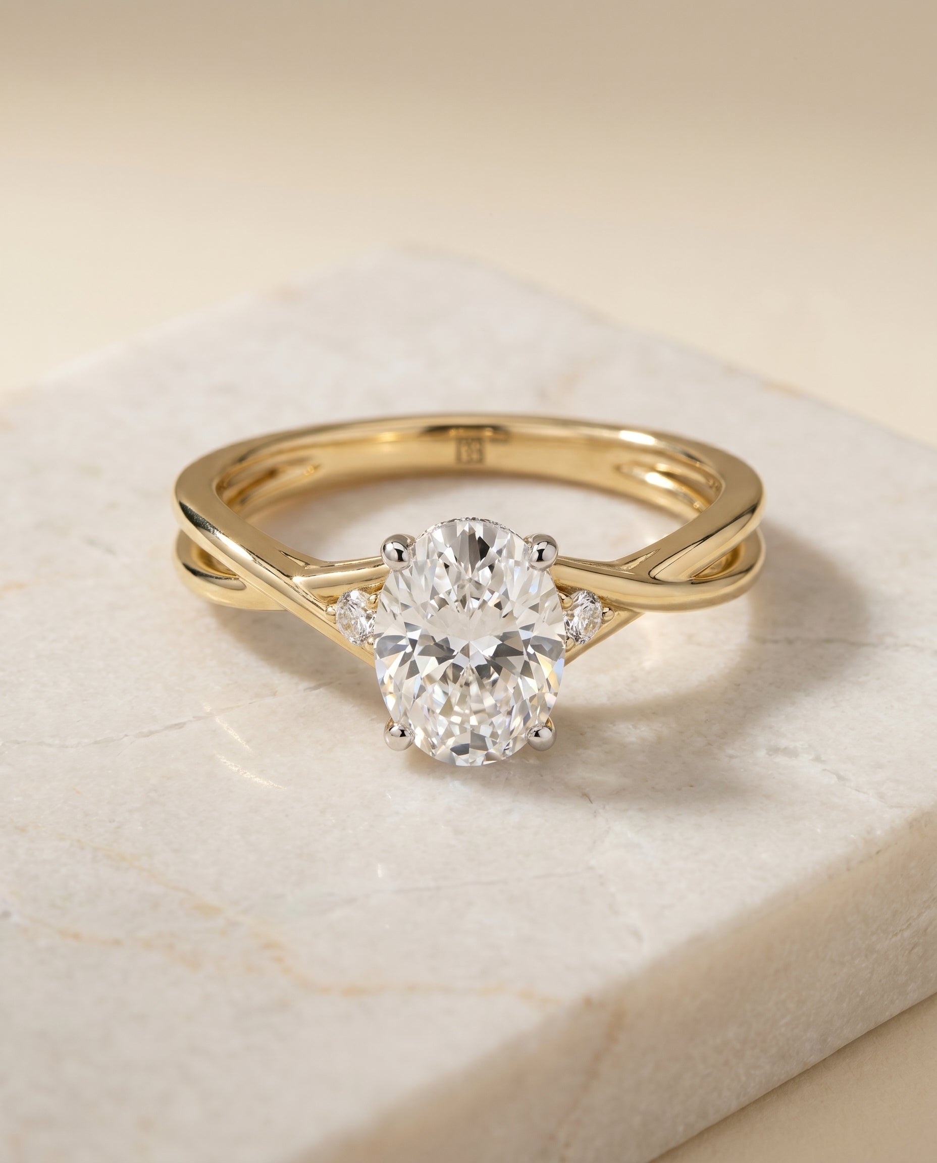 Dusty Select Hidden Halo Solitaire Oval Lab Diamond Engagement Ring in 18K Yellow Gold, alternate angle | RockHer