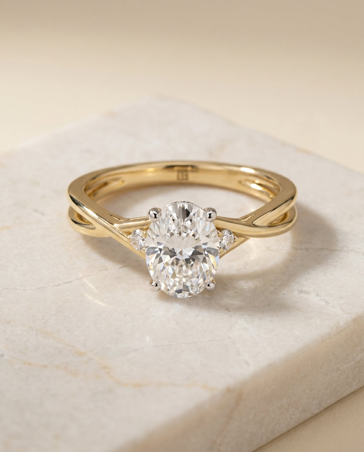 Dusty Select Hidden Halo Solitaire Oval Lab Diamond Engagement Ring in 18K Yellow Gold, alternate angle | RockHer