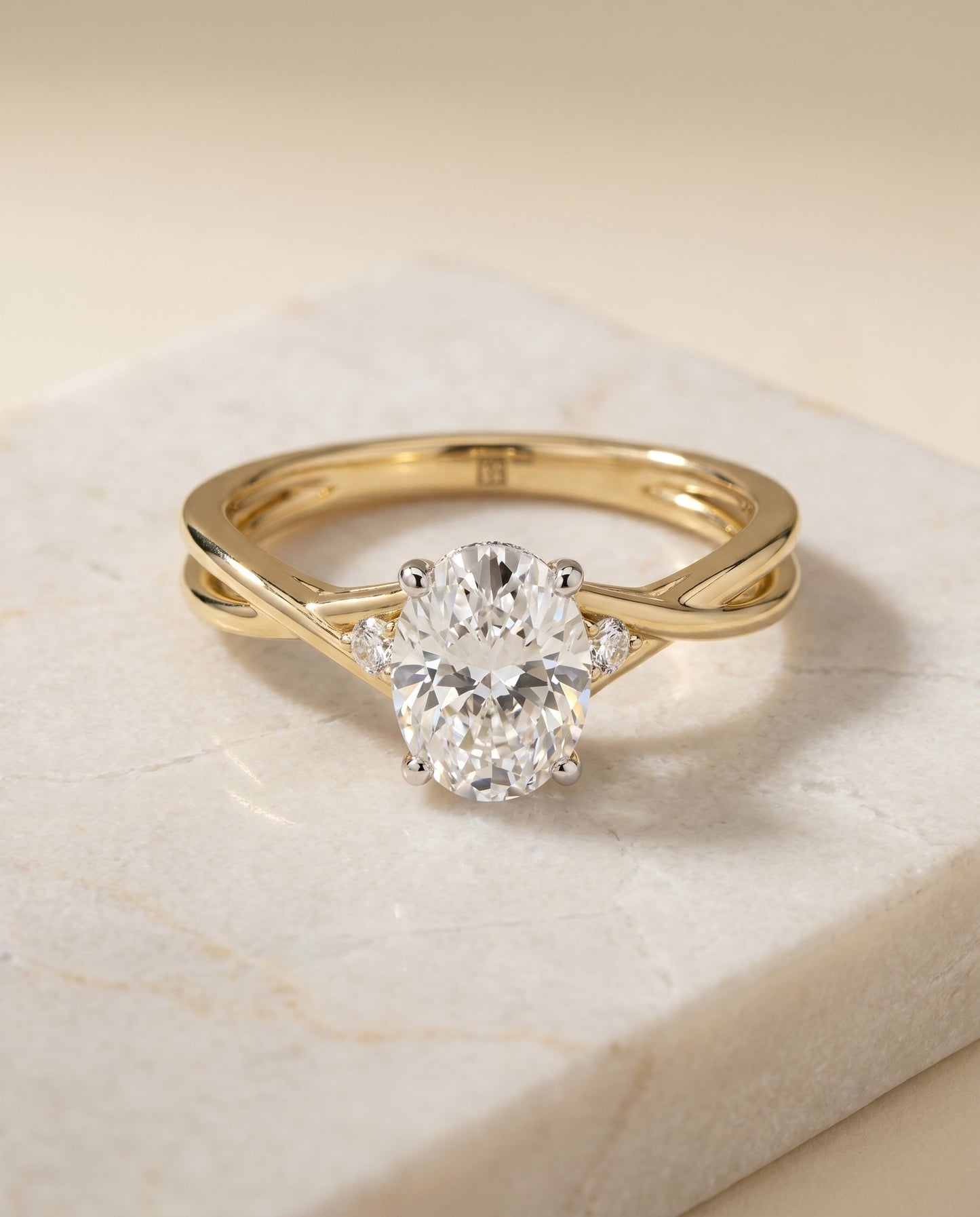 Dusty Select Hidden Halo Solitaire Oval Lab Diamond Engagement Ring in 18K Yellow Gold, alternate angle | RockHer