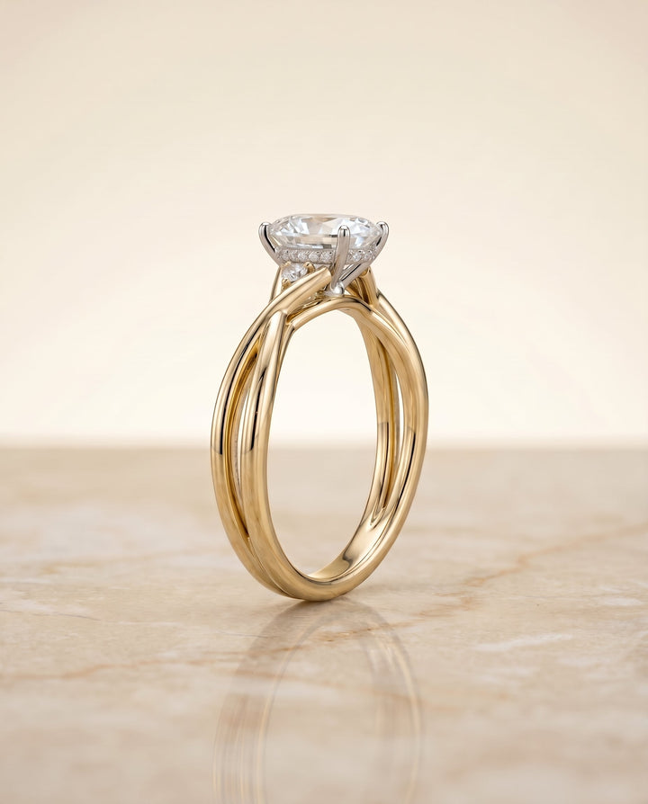 Dusty Select Hidden Halo Solitaire Oval Lab Diamond Engagement Ring in 14K Yellow Gold, side view | RockHer