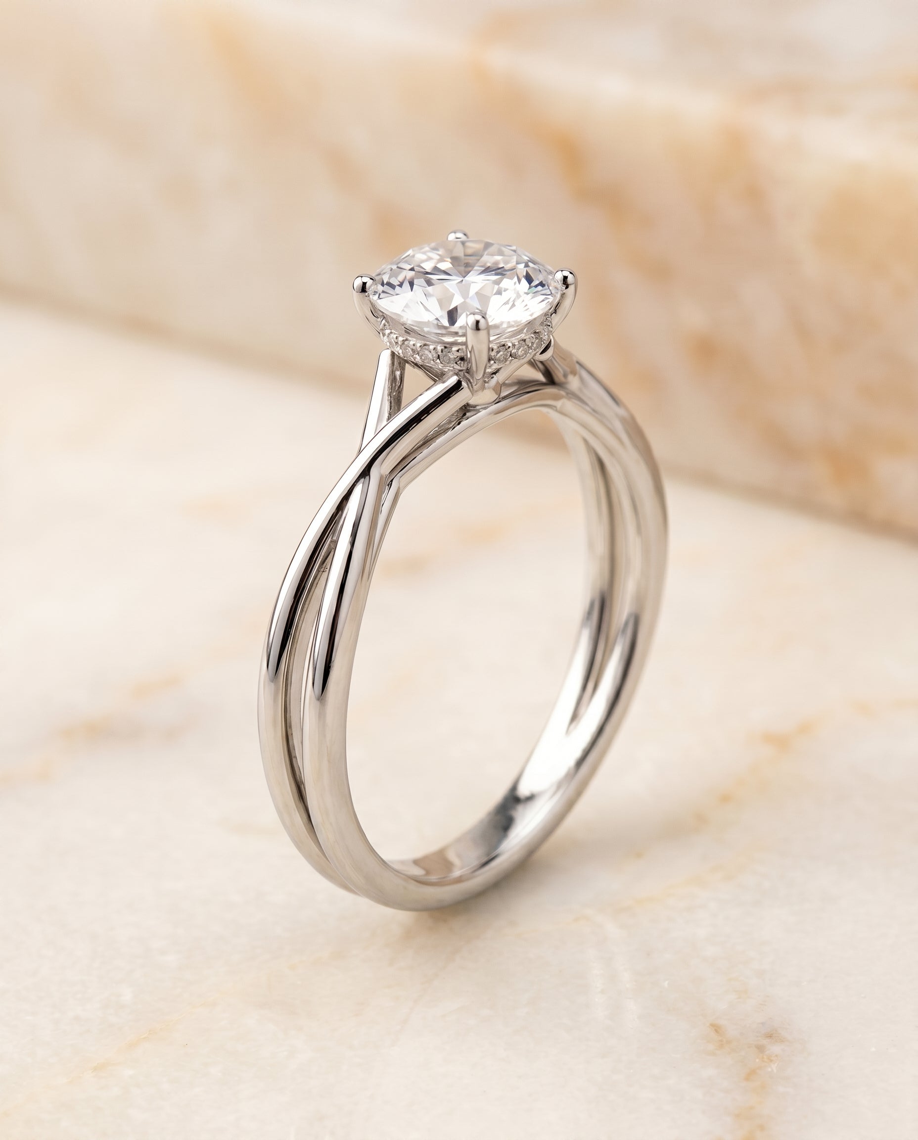 Grace Select Twisted Shank Hidden Halo Solitaire Round Lab Diamond Engagement Ring in 18K White Gold, front view | RockHer