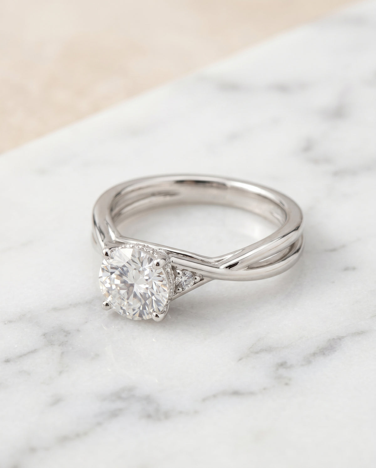 The Dusty Twisted Hidden Halo Solitaire Engagement Ring Setting for Round Diamonds in Platinum | RockHer