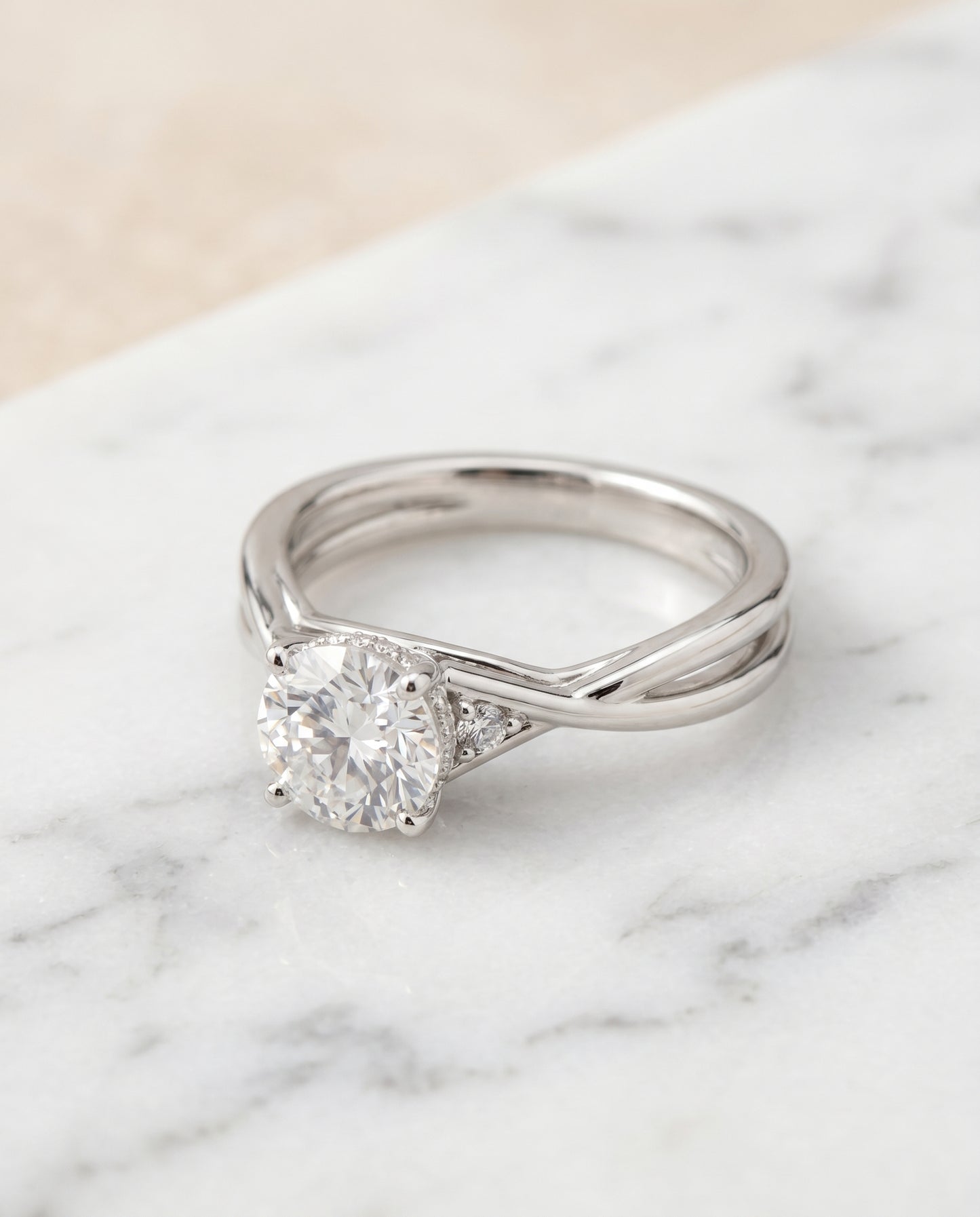The Dusty Twisted Hidden Halo Solitaire Engagement Ring Setting for Round Diamonds in Platinum | RockHer