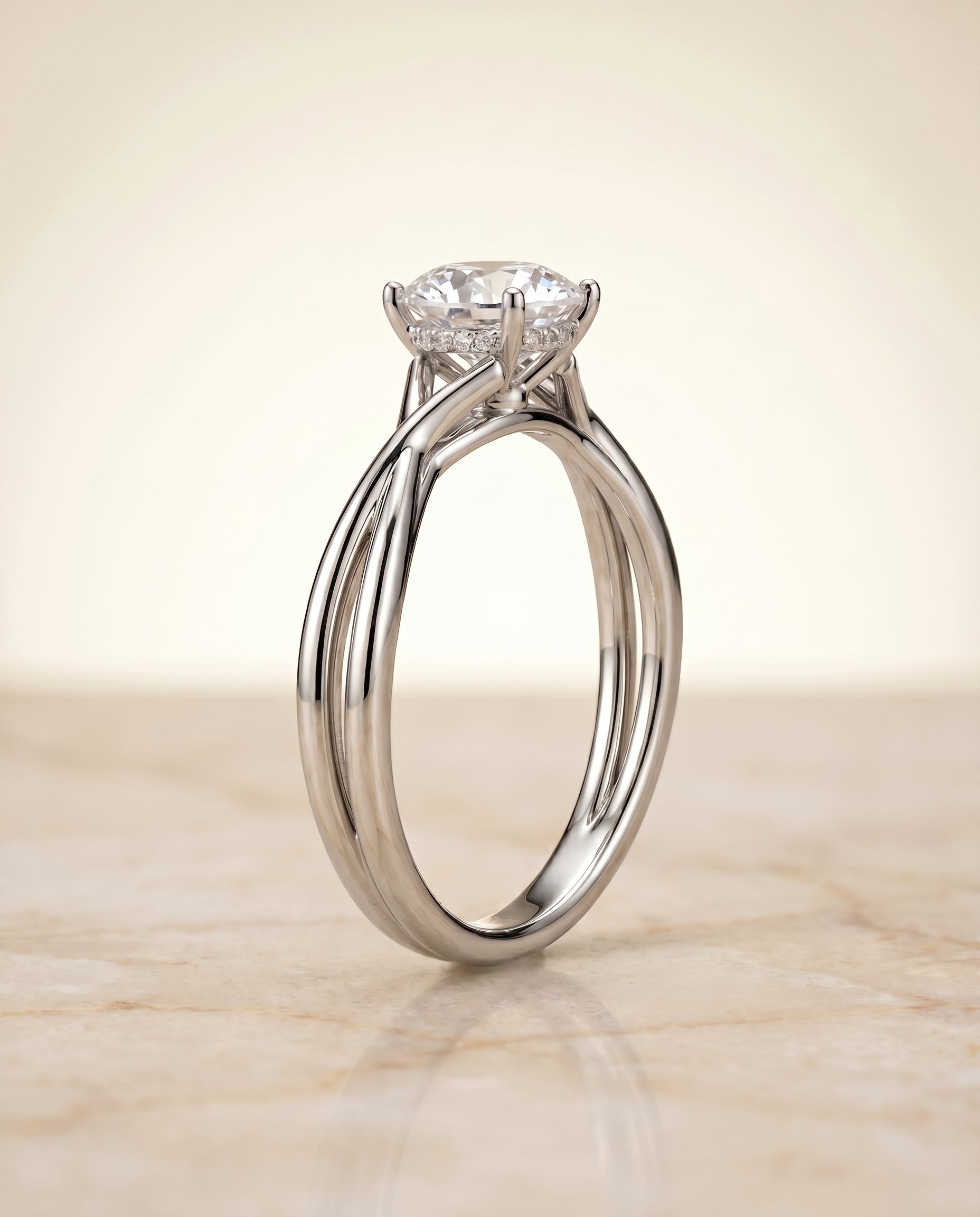 Grace Select Twisted Shank Hidden Halo Solitaire Round Lab Diamond Engagement Ring in Platinum, side view | RockHer