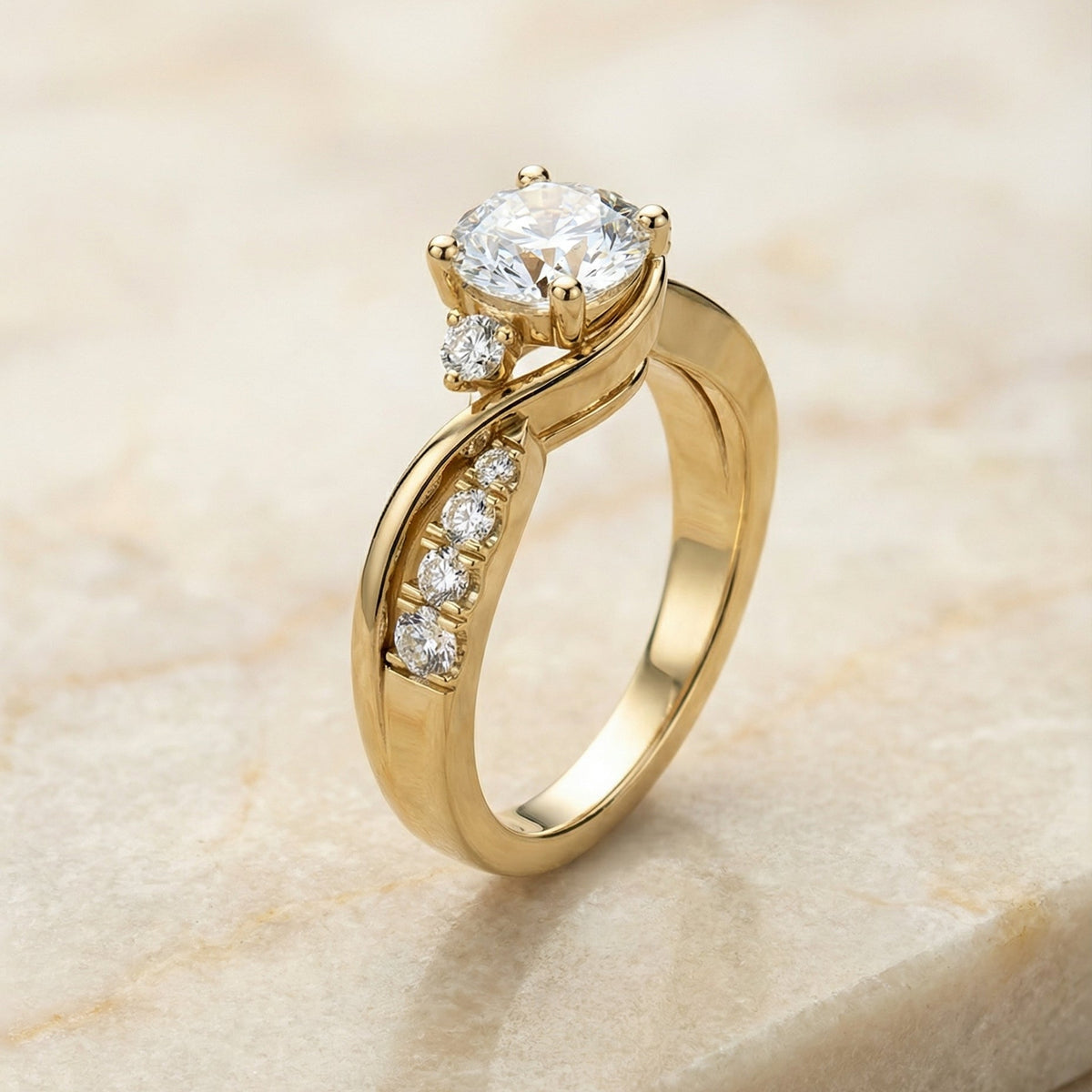 Alice Select Twisted Three Stone Round Lab Diamond Engagement Ring in 18K Yellow Gold, front view | RockHer