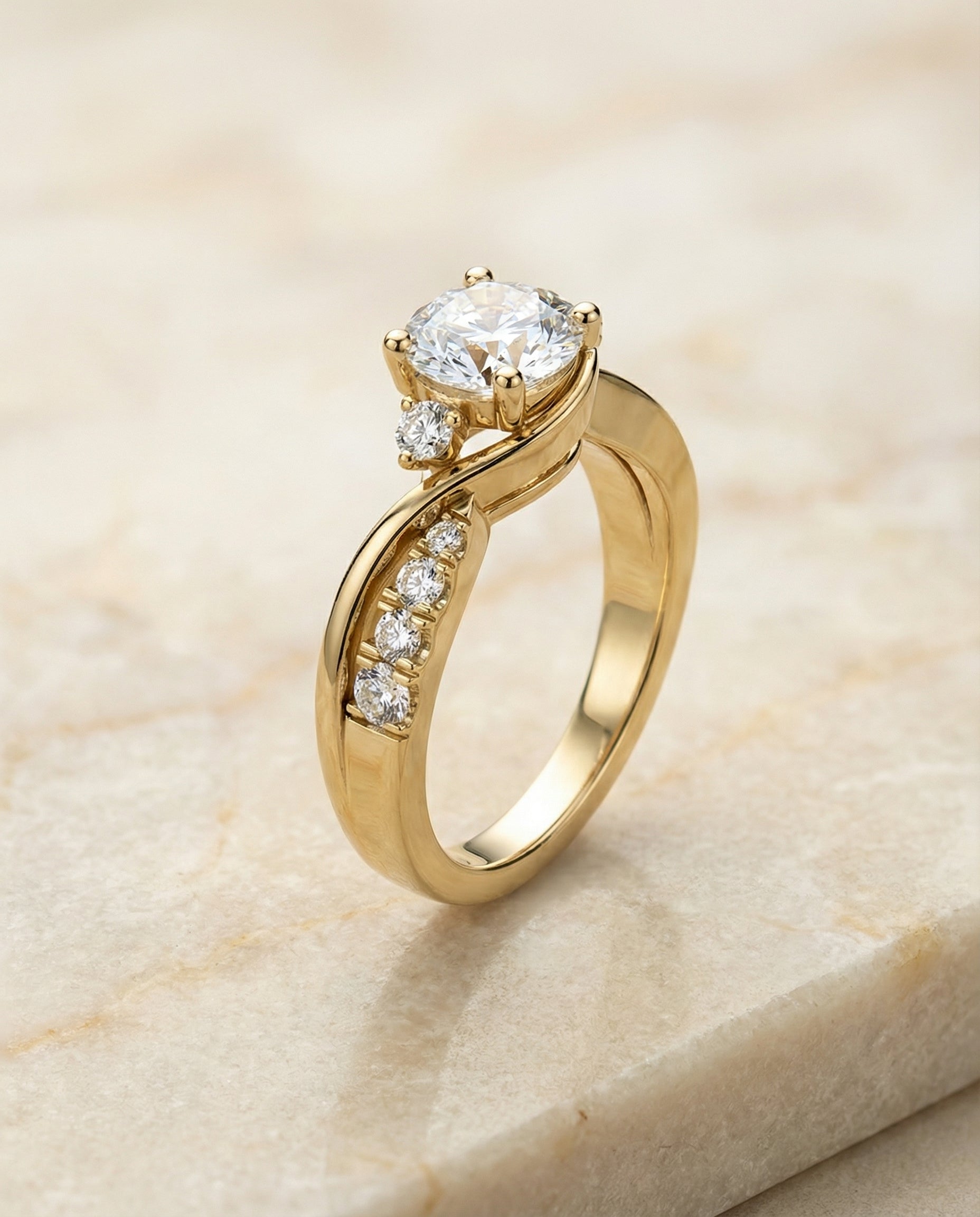The Alice Select Twisted Three Stone Solitaire Engagement Ring with Lab Diamond in 18K Yellow Gold — view 1