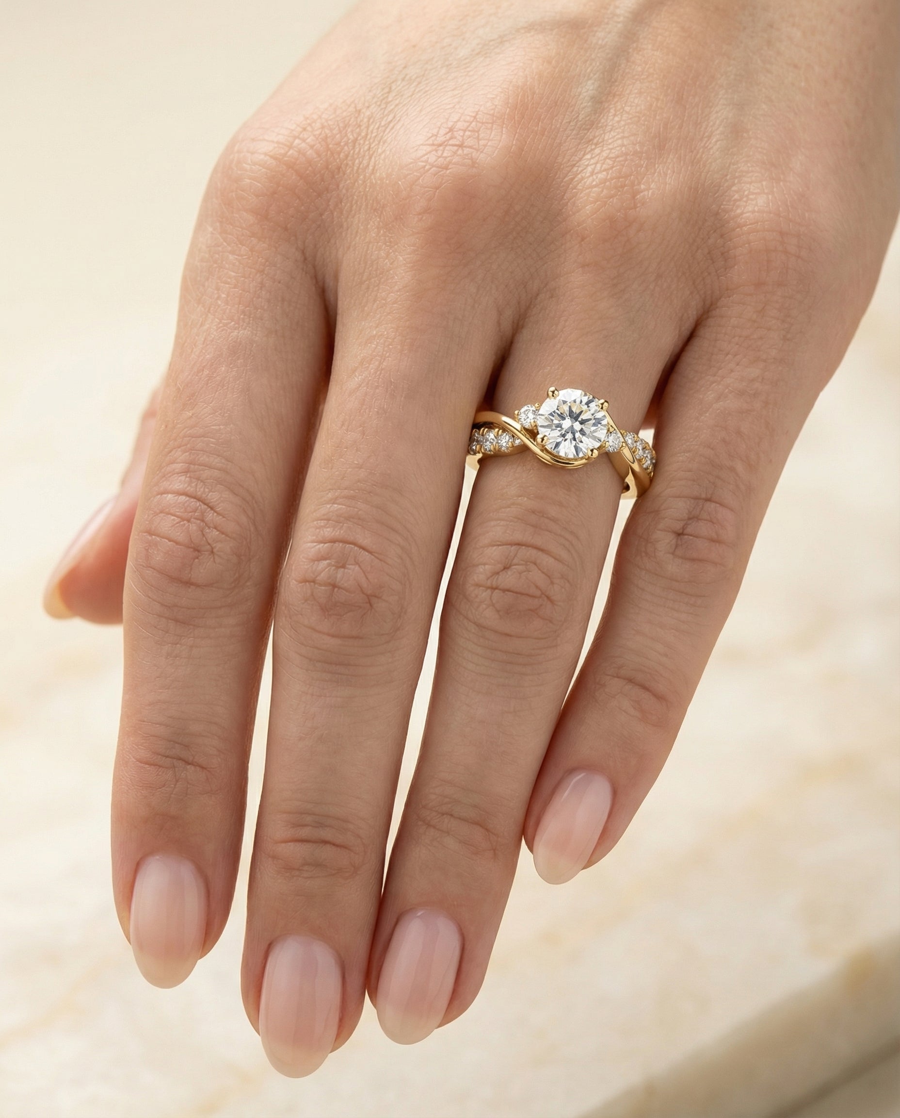The Alice twisted three stone engagement ring setting, shown in 18K Yellow Gold | RockHer