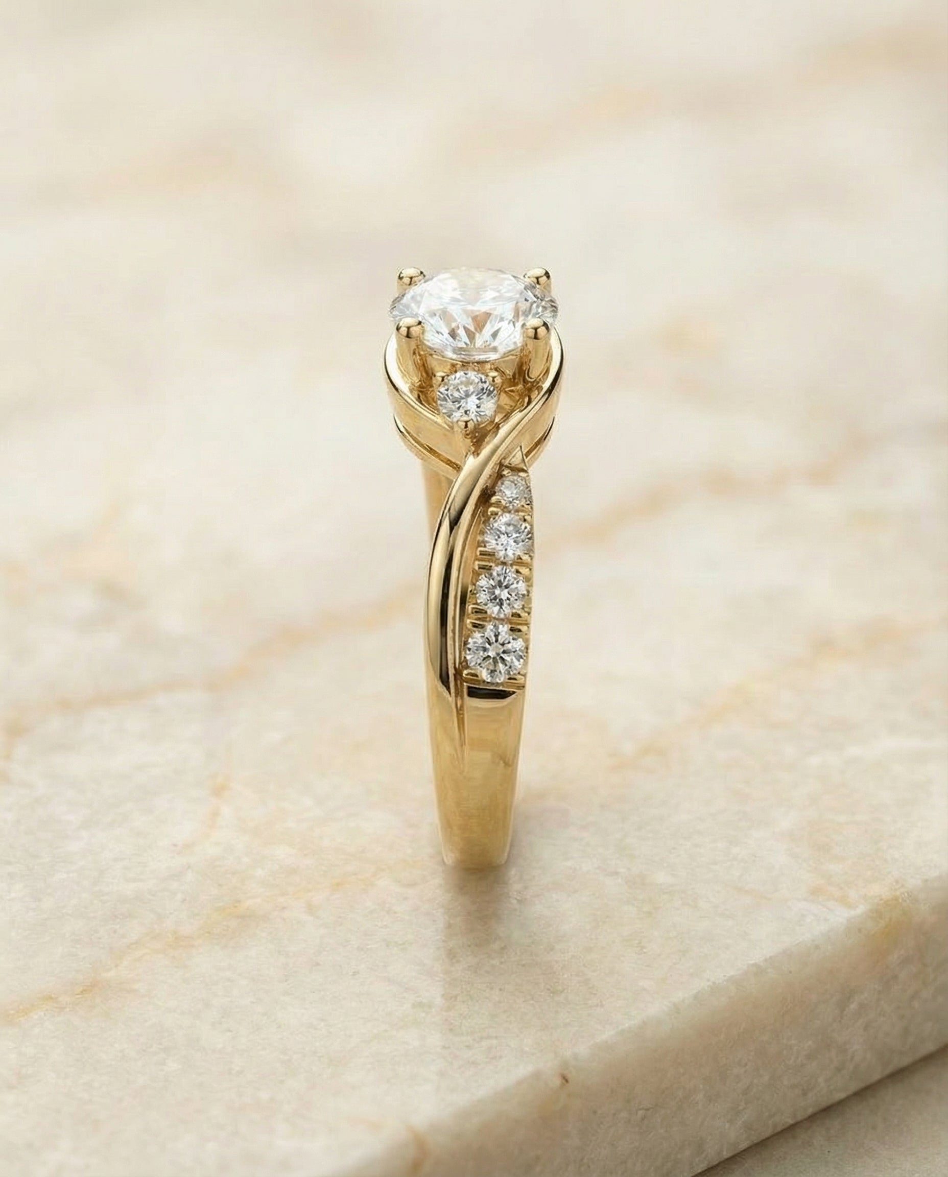 The Alice engagement ring setting in 18K Yellow Gold, twisted three stone design | RockHer