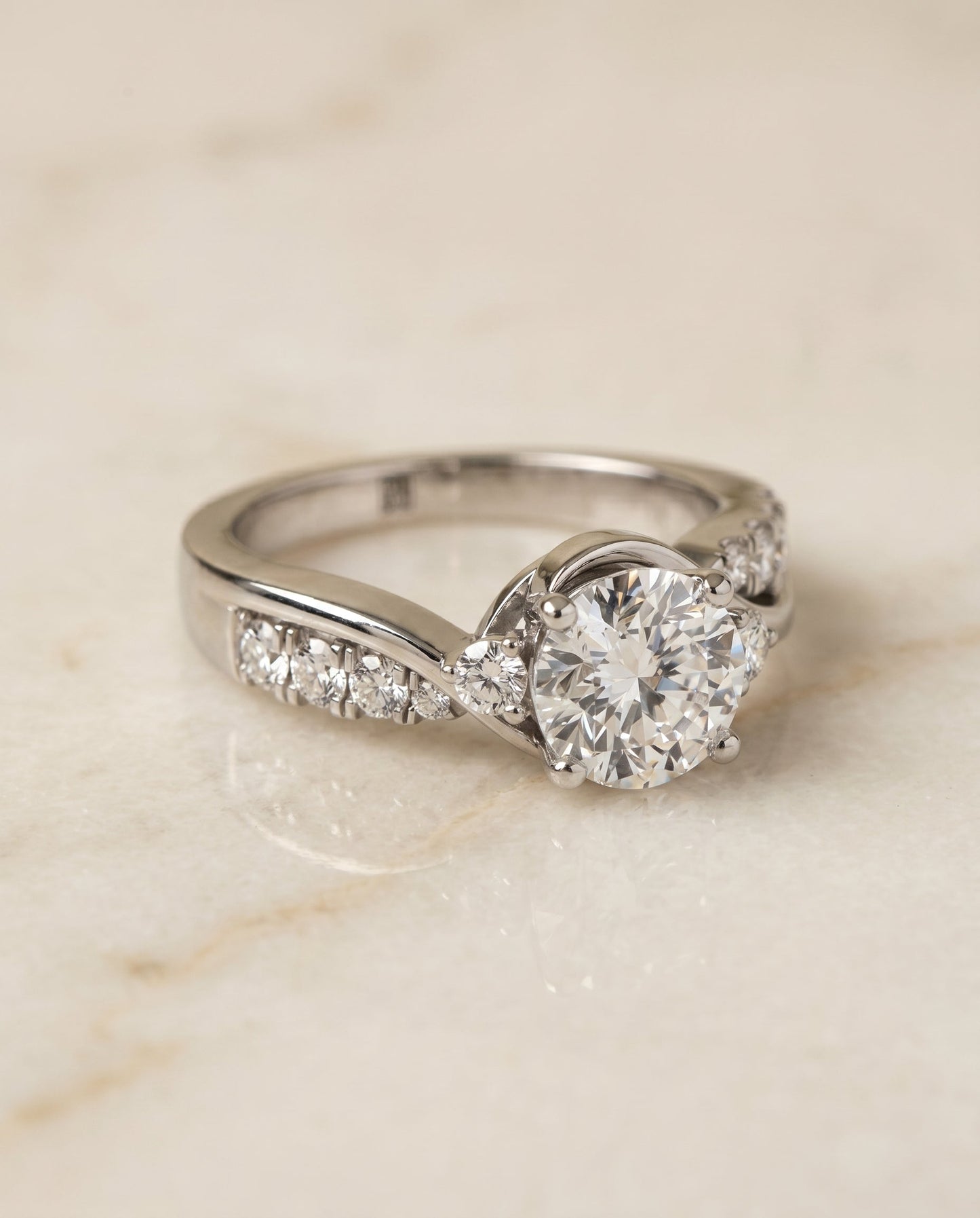 Alice twisted three stone engagement ring in 18K white gold with round lab diamond — RockHer