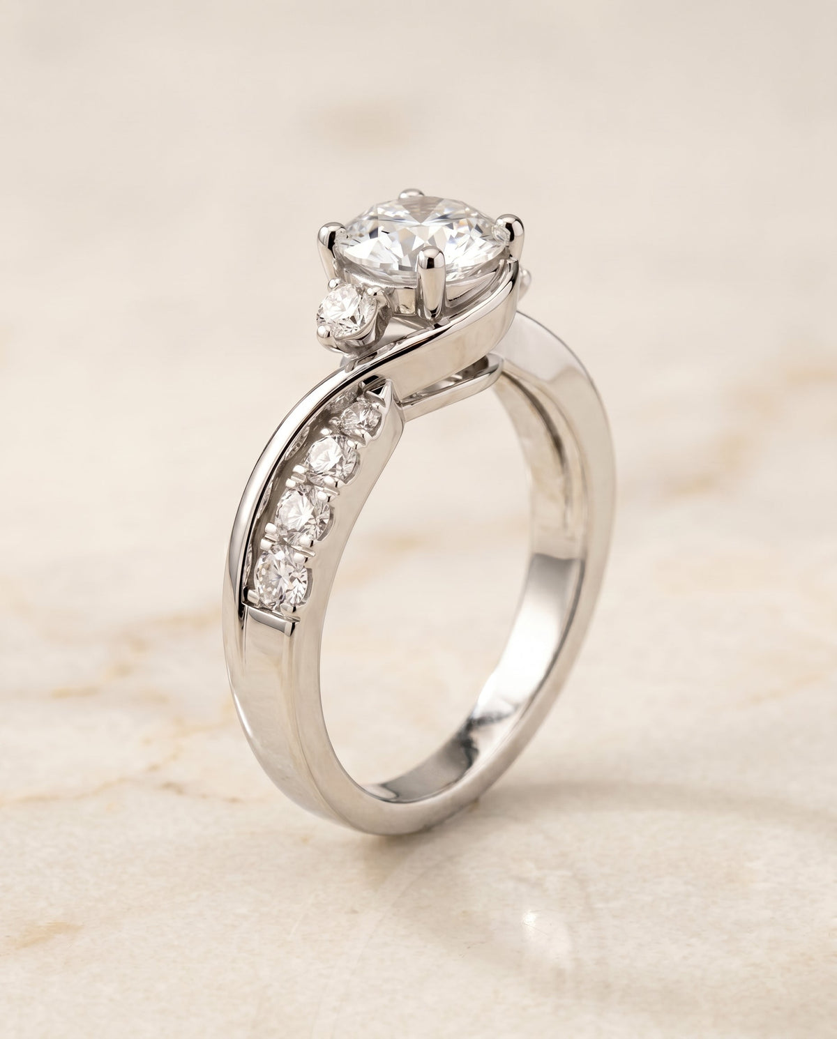 Alice Select Twisted Three Stone Round Lab Diamond Engagement Ring in 18K White Gold, front view | RockHer
