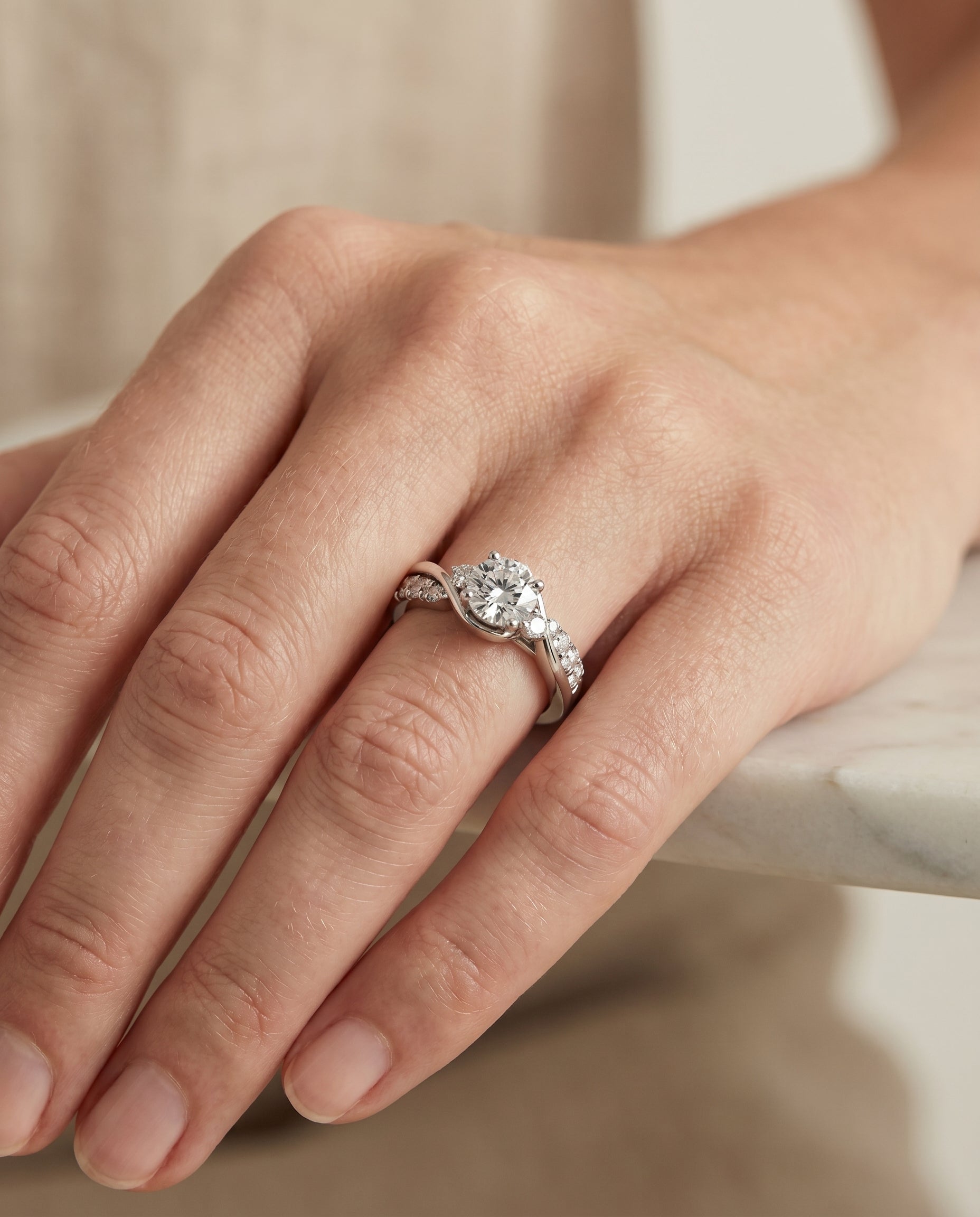 The Alice engagement ring setting in 18K White Gold, twisted three stone design | RockHer