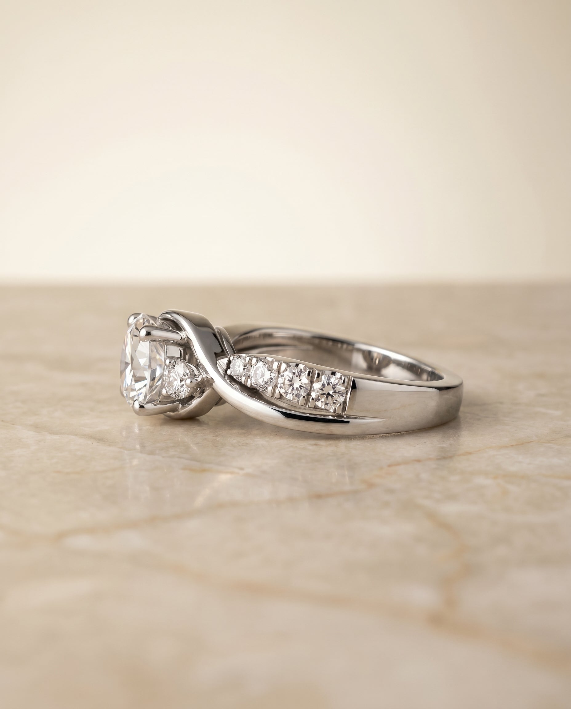 The Alice twisted three stone engagement ring setting, shown in 18K White Gold | RockHer