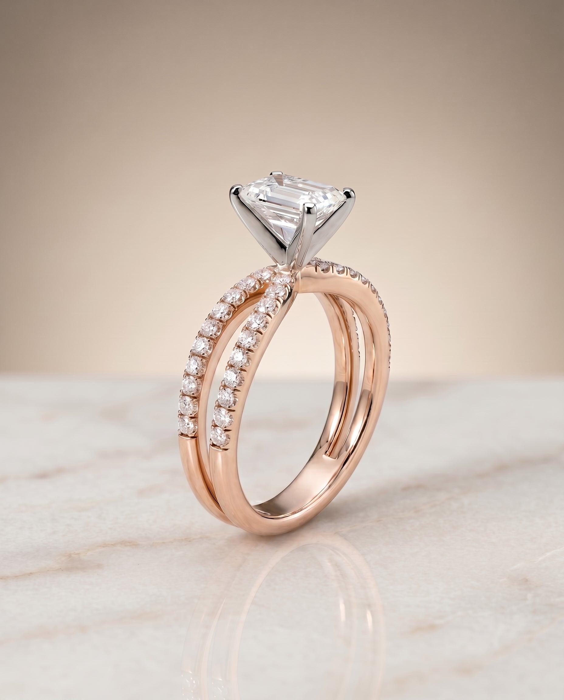 The Carole two row pavé split shank cut engagement ring setting, shown in 14K Rose Gold | RockHer