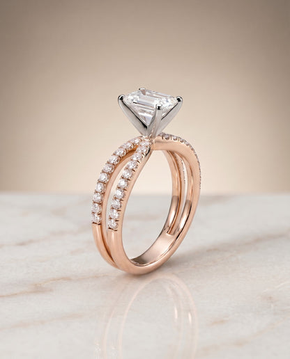 Carole Select Two Row Pavé Split Shank Emerald Cut Lab Diamond Engagement Ring in 14K Rose Gold, alternate angle | RockHer