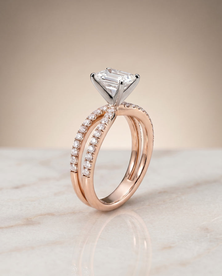 Carole Select Two Row Pavé Split Shank Emerald Cut Lab Diamond Engagement Ring in 14K Rose Gold, alternate angle | RockHer