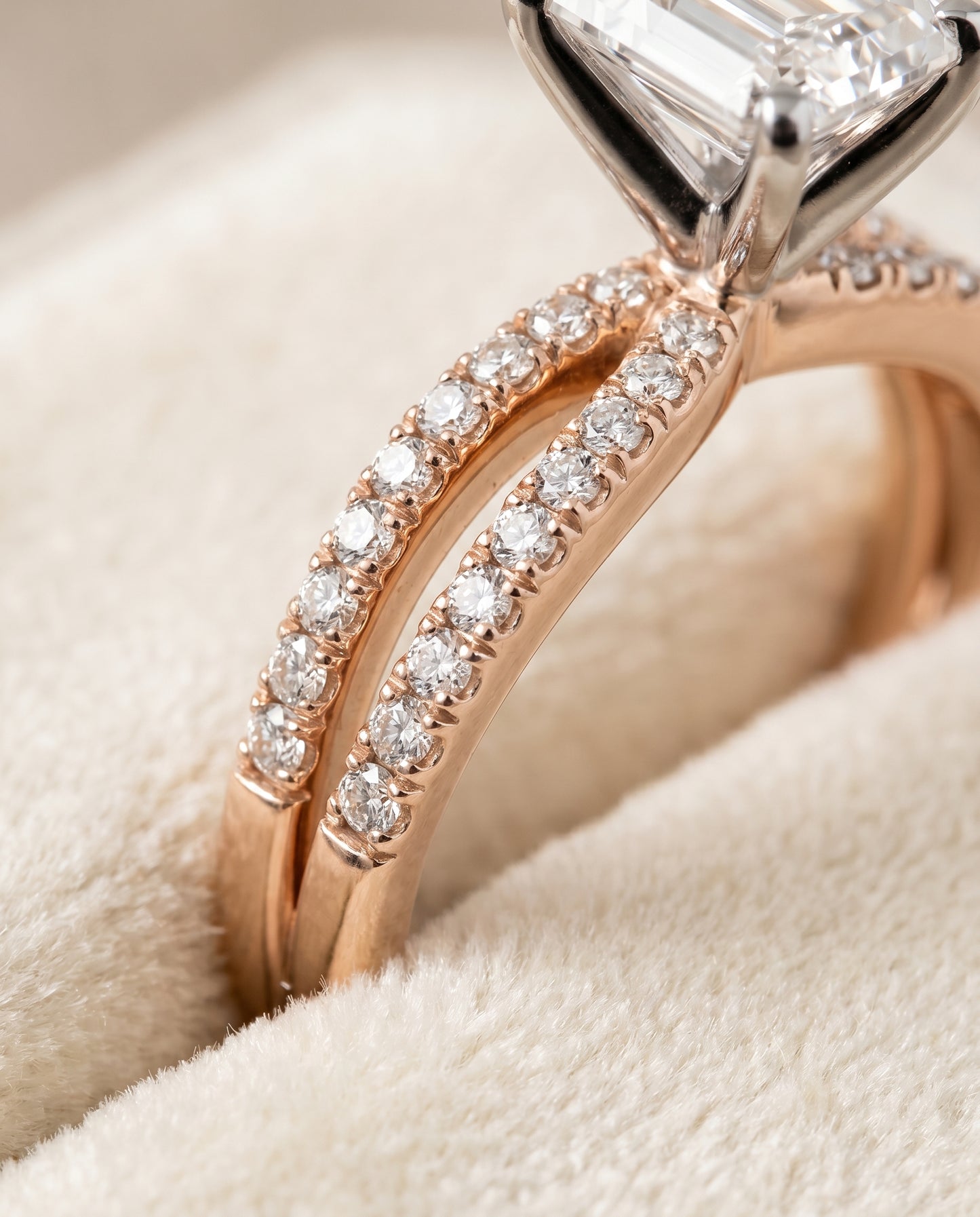 The Carole Pavé Engagement Ring Setting for Emerald Cut Diamonds in 14K Rose Gold