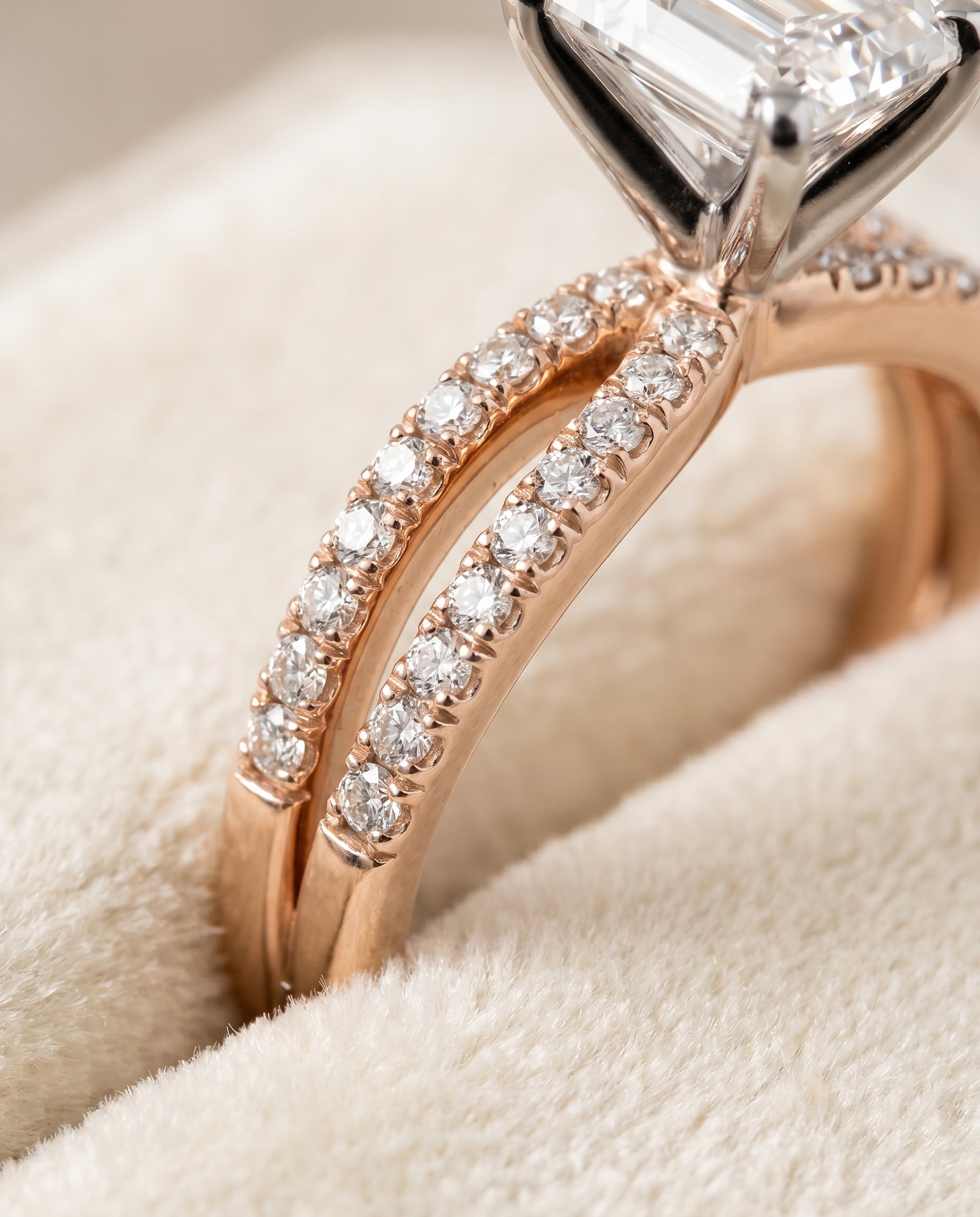 Carole Select Two Row Pavé Split Shank Emerald Cut Lab Diamond Engagement Ring in 14K Rose Gold, detail view | RockHer