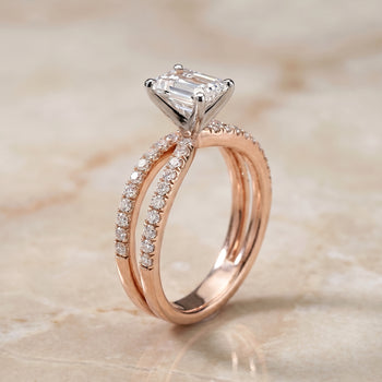 The Carole Two Row Pavé Split Shank Emerald Cut Engagement Ring Setting in 14K Rose Gold