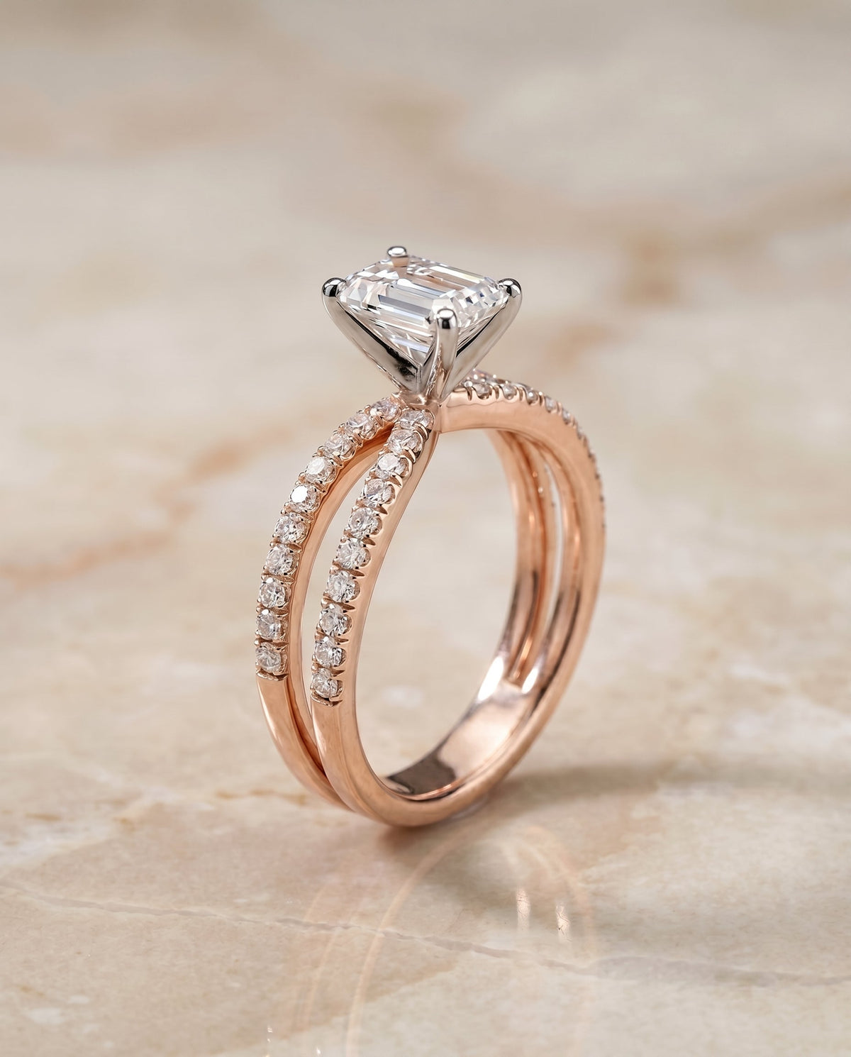 Carole Select Two Row Pavé Split Shank Emerald Cut Lab Diamond Engagement Ring in 14K Rose Gold, front view | RockHer
