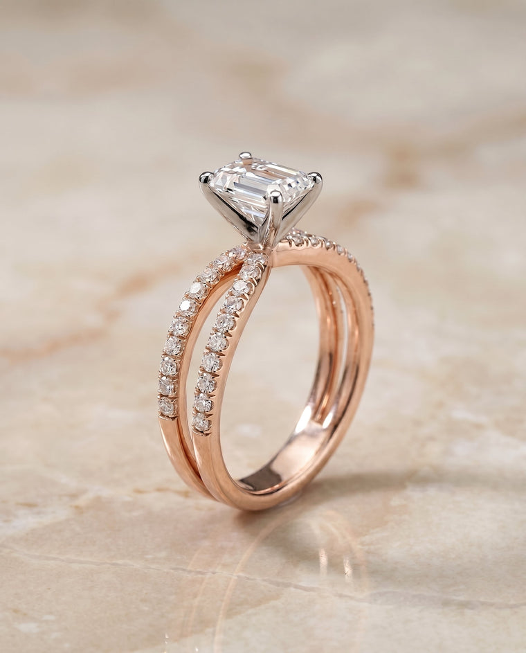 The Carole Select Two Row Pavé Split Shank Emerald Cut Lab Diamond Engagement Ring in 14K Rose Gold