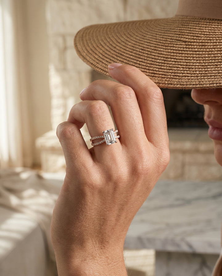 The Carole Pavé Engagement Ring Setting for Emerald Cut Diamonds in 14K Rose Gold