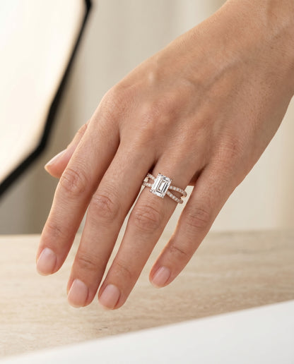 The Carole Two Row Pavé Split Shank Emerald Cut Engagement Ring Setting in 14K Rose Gold