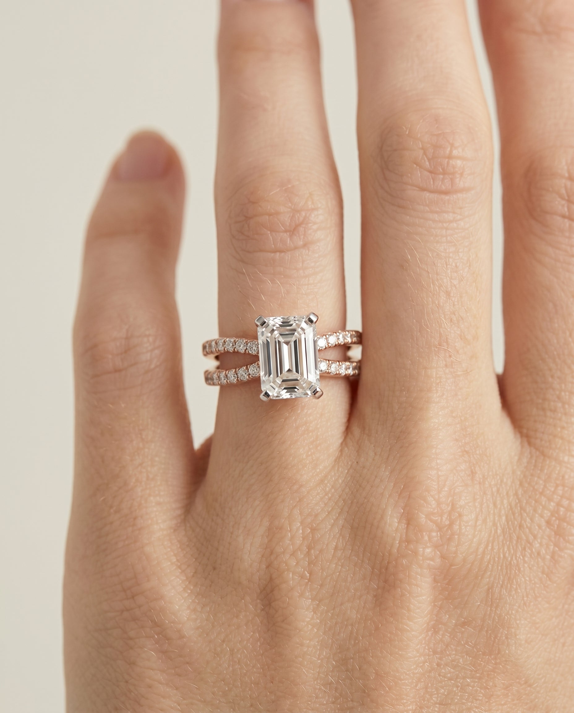 The Carole engagement ring setting in 14K Rose Gold, two row pavé split shank cut design | RockHer