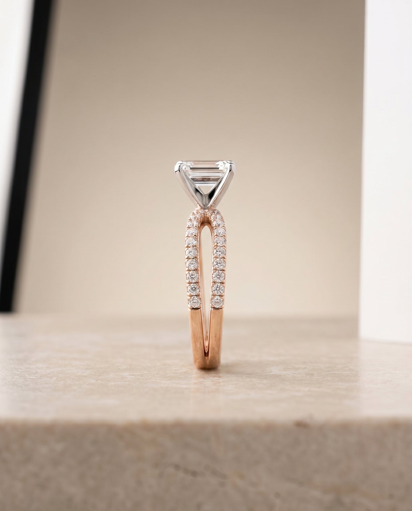 The Carole Pavé Engagement Ring Setting for Emerald Cut Diamonds in 14K Rose Gold