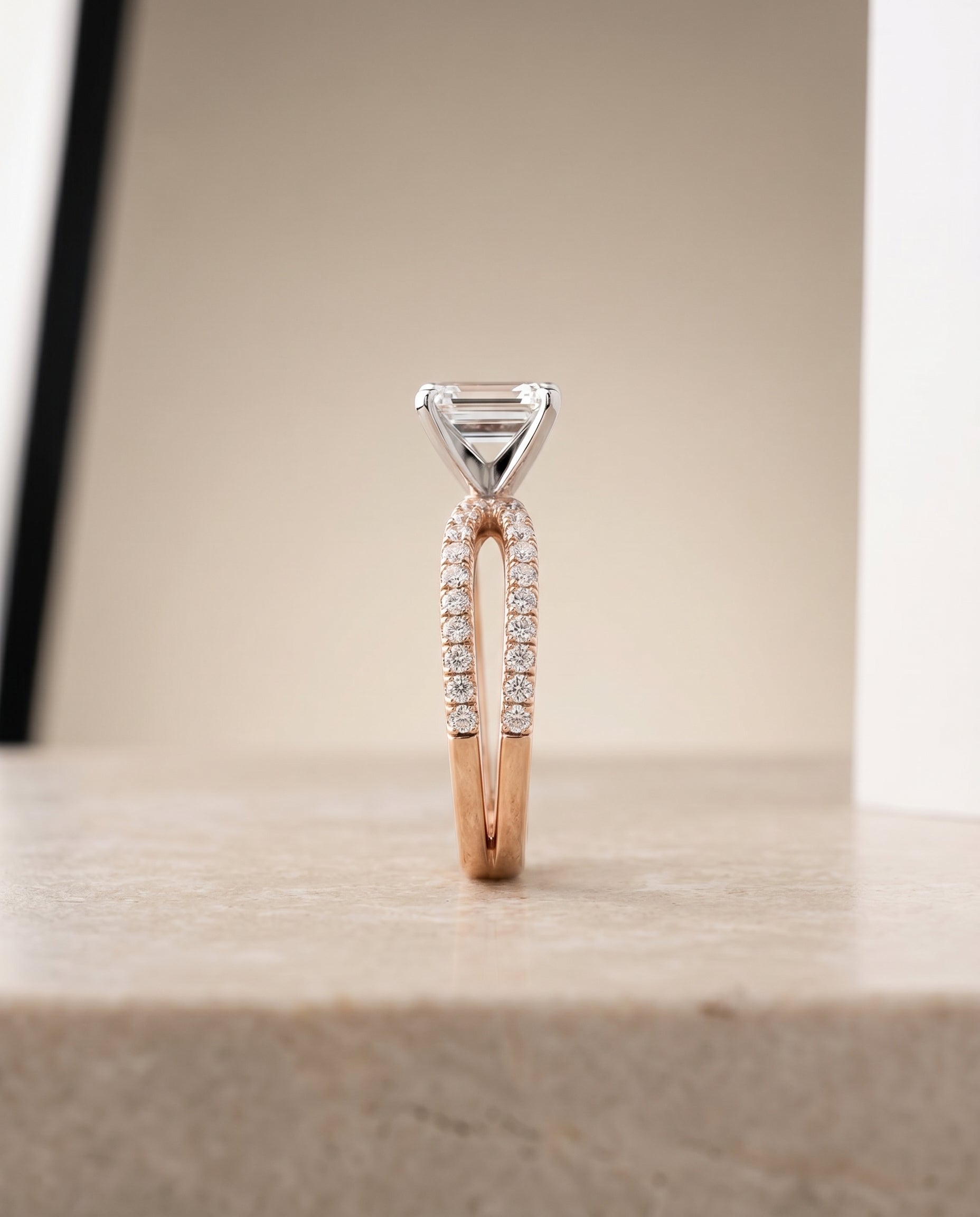 Two Row Pavé Split Shank Cut styling on The Carole emerald engagement ring setting | RockHer