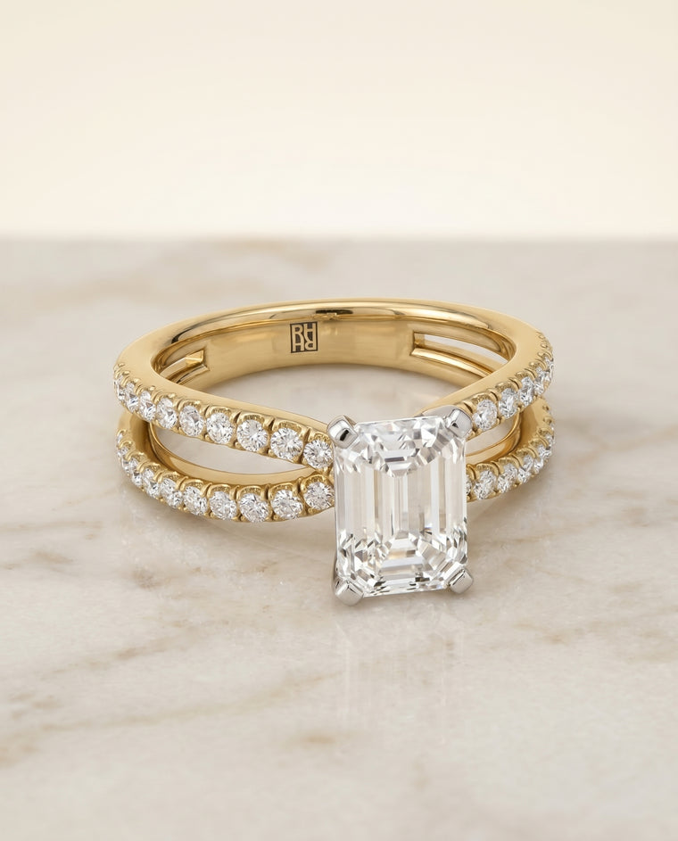 The Carole Two Row Pavé Split Shank Emerald Cut Engagement Ring Setting in 18K Yellow Gold