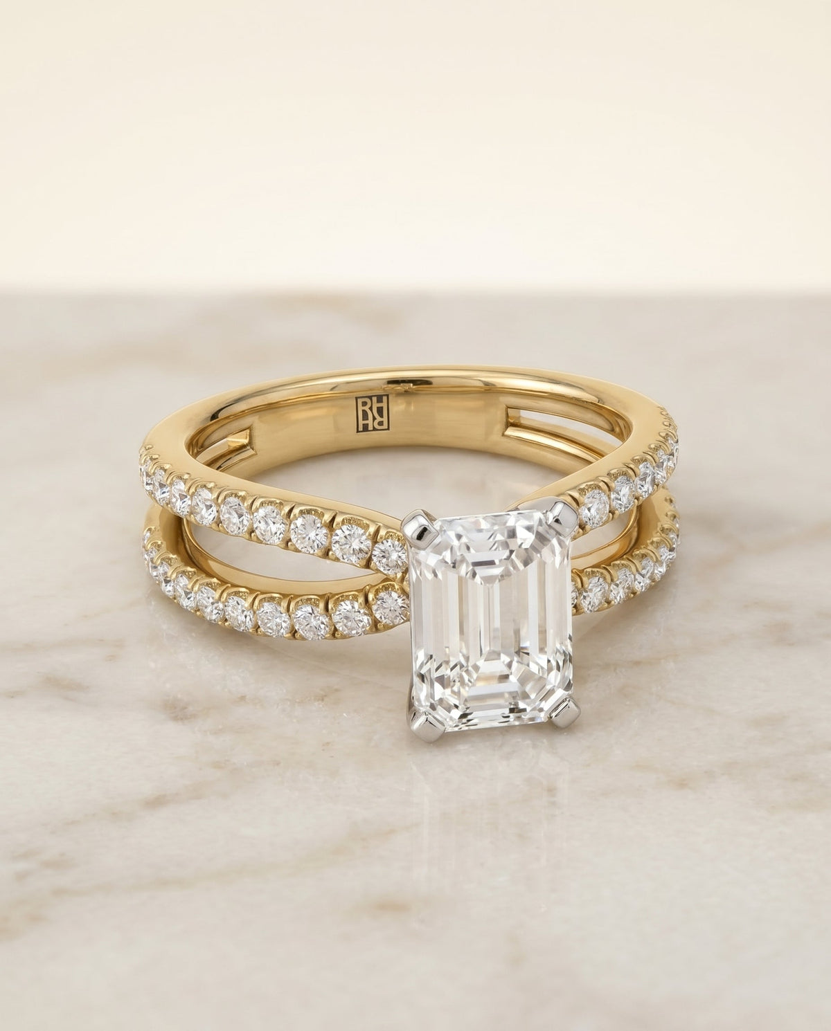 Carole Select Two Row Pavé Split Shank Emerald Cut Lab Diamond Engagement Ring in 18K Yellow Gold, alternate angle | RockHer