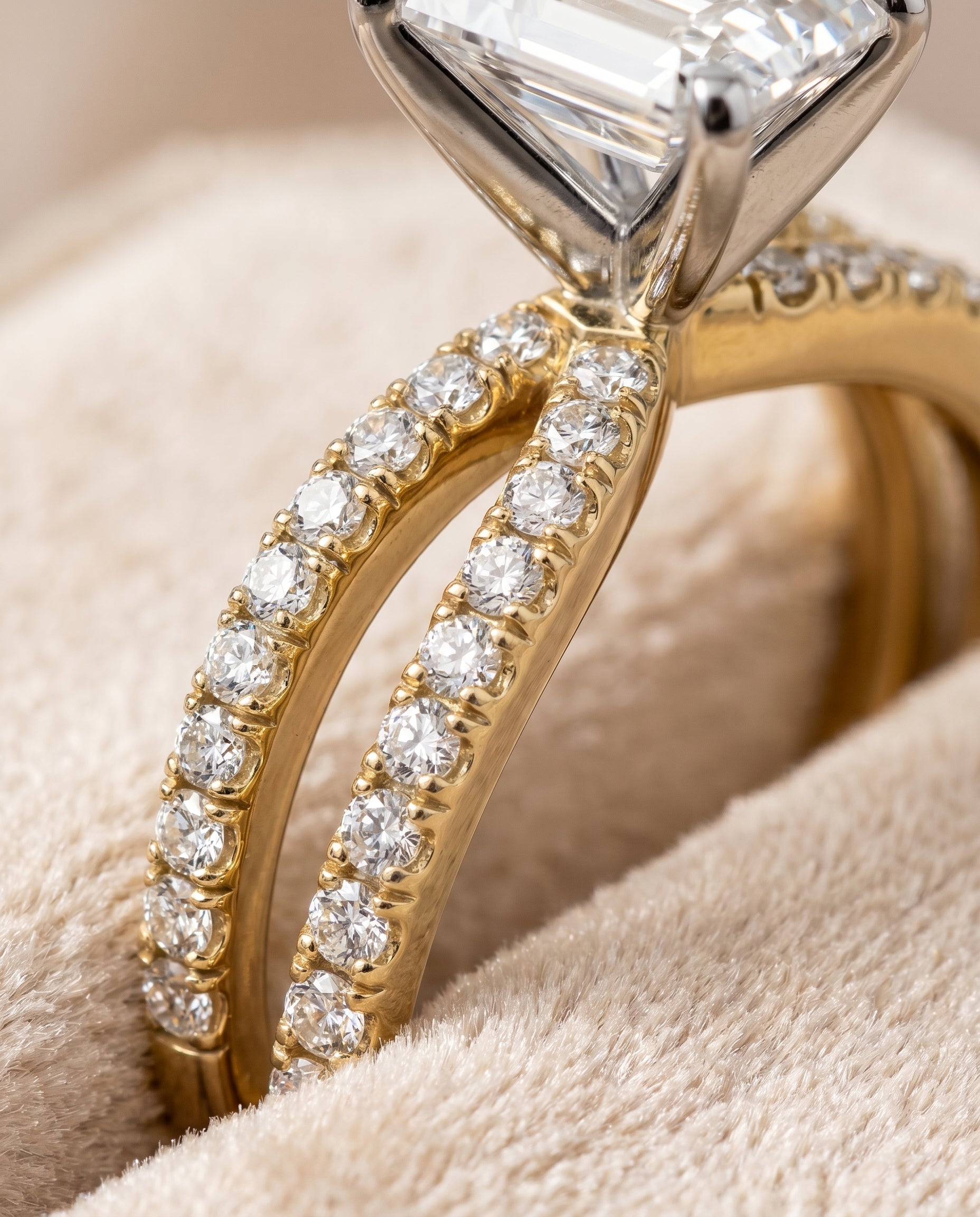 Carole Select Two Row Pavé Split Shank Emerald Cut Lab Diamond Engagement Ring in 18K Yellow Gold, detail view | RockHer