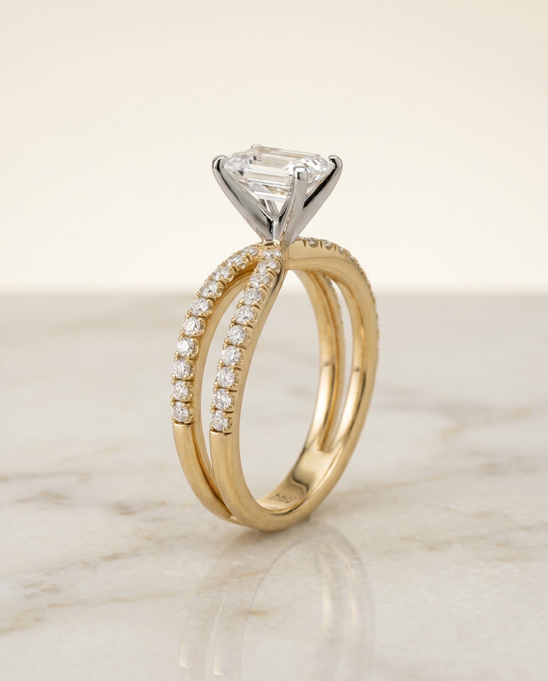 Carole Select Two Row Pavé Split Shank Emerald Cut Lab Diamond Engagement Ring in 18K Yellow Gold, front view | RockHer