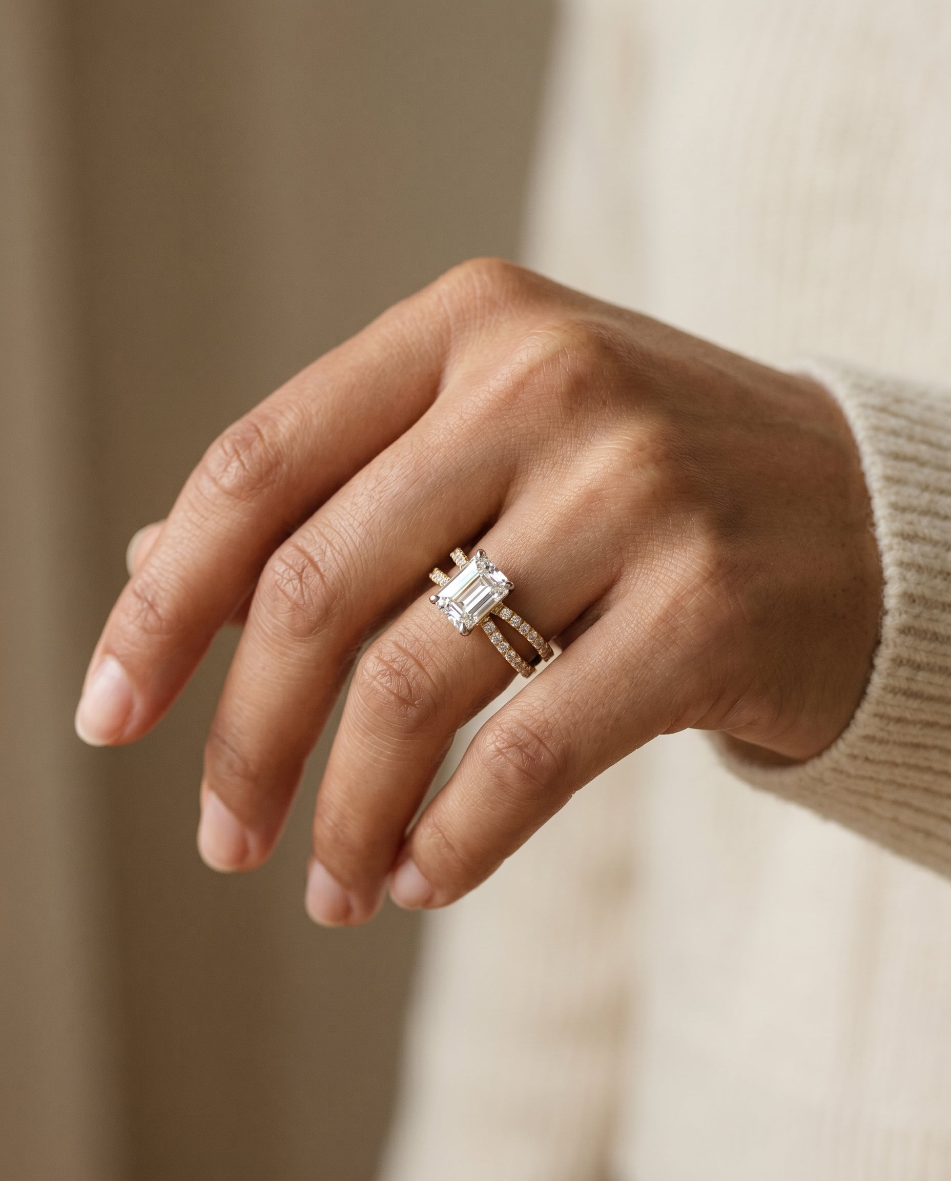 The Carole engagement ring setting in 18K Yellow Gold, select two row pavé split shank cut design | RockHer