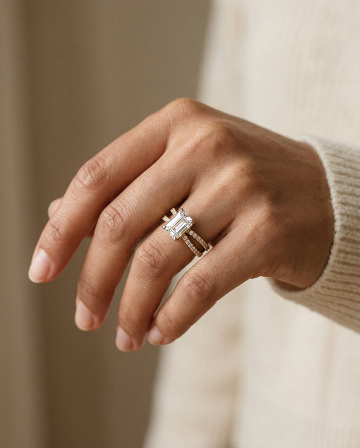 Carole Select Two Row Pave Split Shank Emerald Cut Solitaire in 18K Yellow Gold – view 3