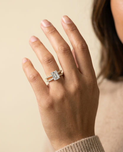 The Carole Two Row Pavé Split Shank Emerald Cut Engagement Ring Setting in 18K Yellow Gold
