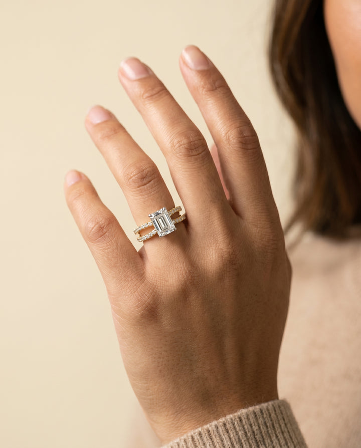 The Carole Split Shank Engagement Ring Setting for Emerald Cut Diamonds in 18K Yellow Gold