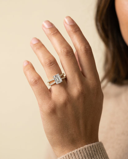 Carole Select Two Row Pavé Split Shank Emerald Cut Lab Diamond Engagement Ring in 18K Yellow Gold, shown on hand | RockHer