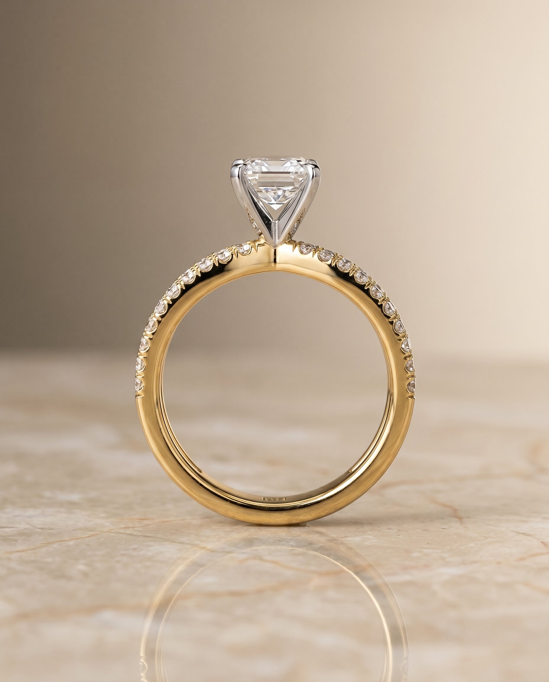 Carole Select Two Row Pavé Split Shank Emerald Cut Lab Diamond Engagement Ring in 18K Yellow Gold, side view | RockHer