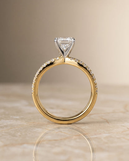 Carole Select Two Row Pavé Split Shank Emerald Cut Lab Diamond Engagement Ring in 18K Yellow Gold, side view | RockHer