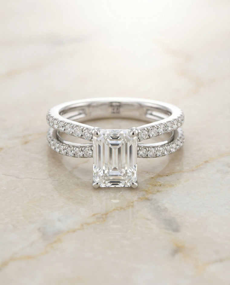 The Carole Select Two Row Pavé Split Shank Solitaire Emerald Cut Lab Diamond Engagement Ring in Platinum