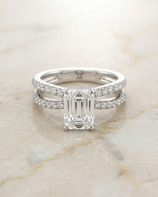 The Carole Select Two Row Pave Split Shank Emerald Cut Solitaire Engagement Ring with Lab Diamond in Platinum — view 1