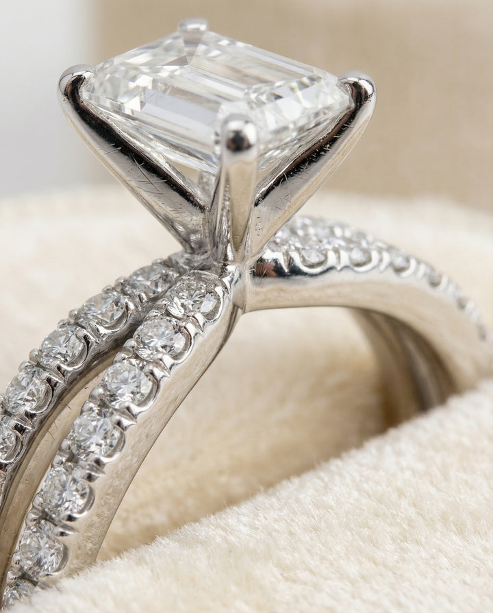 European Cut, Two Row Pavé Split Shank Emerald, in Platinum – detail view | RockHer