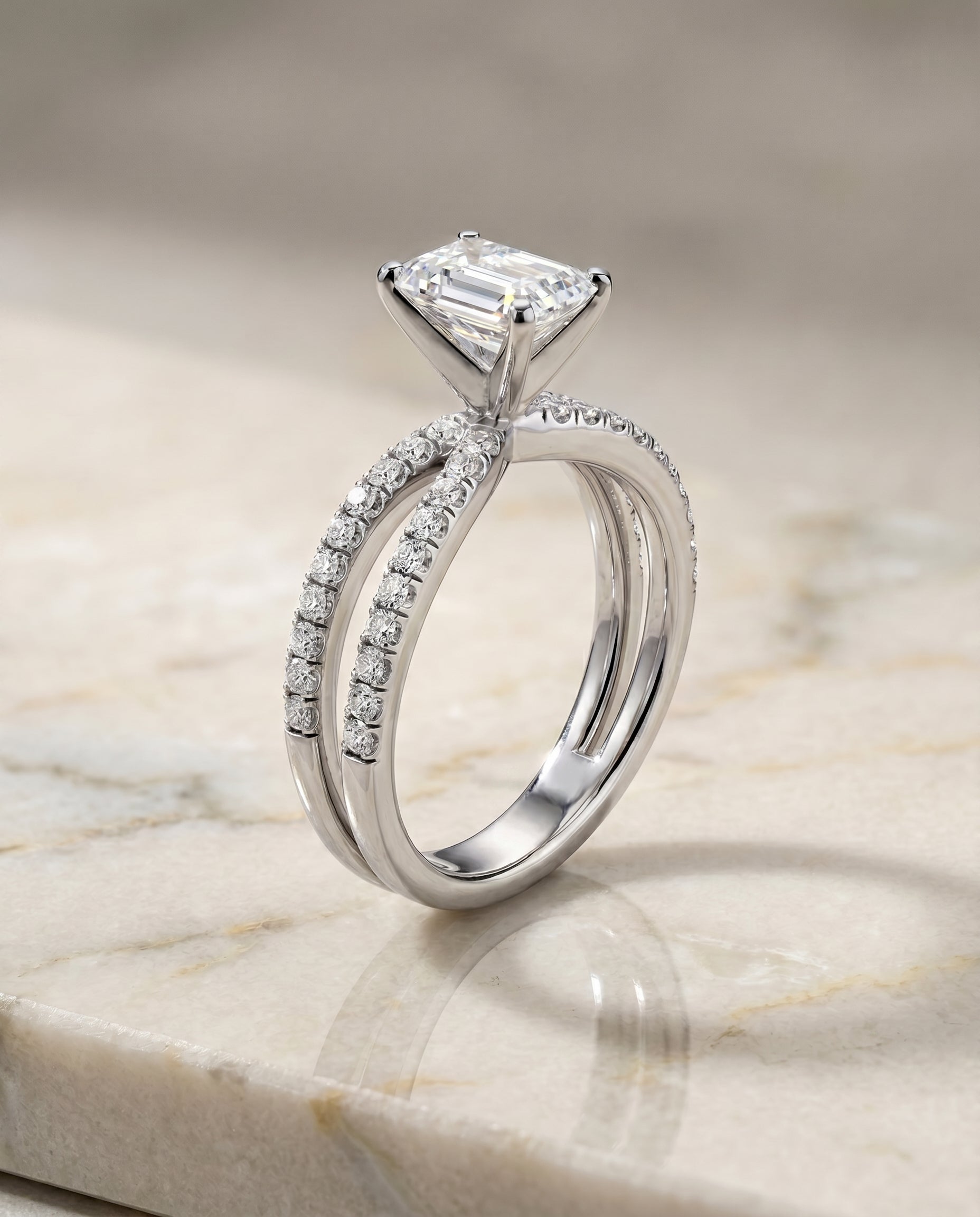 Two Row Pavé Split Shank Cut styling on The Carole emerald engagement ring setting | RockHer