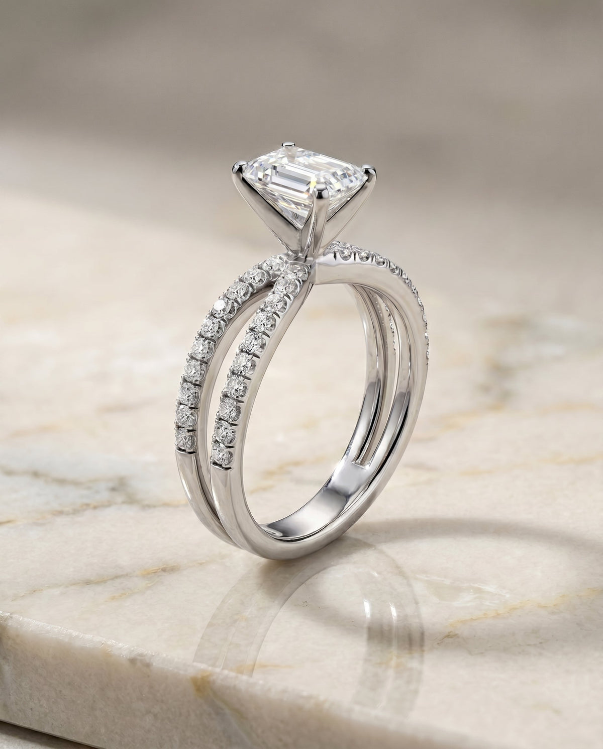 Carole Select Two Row Pavé Split Shank Ec Emerald Cut Lab Diamond Engagement Ring in 18K White Gold, front view | RockHer