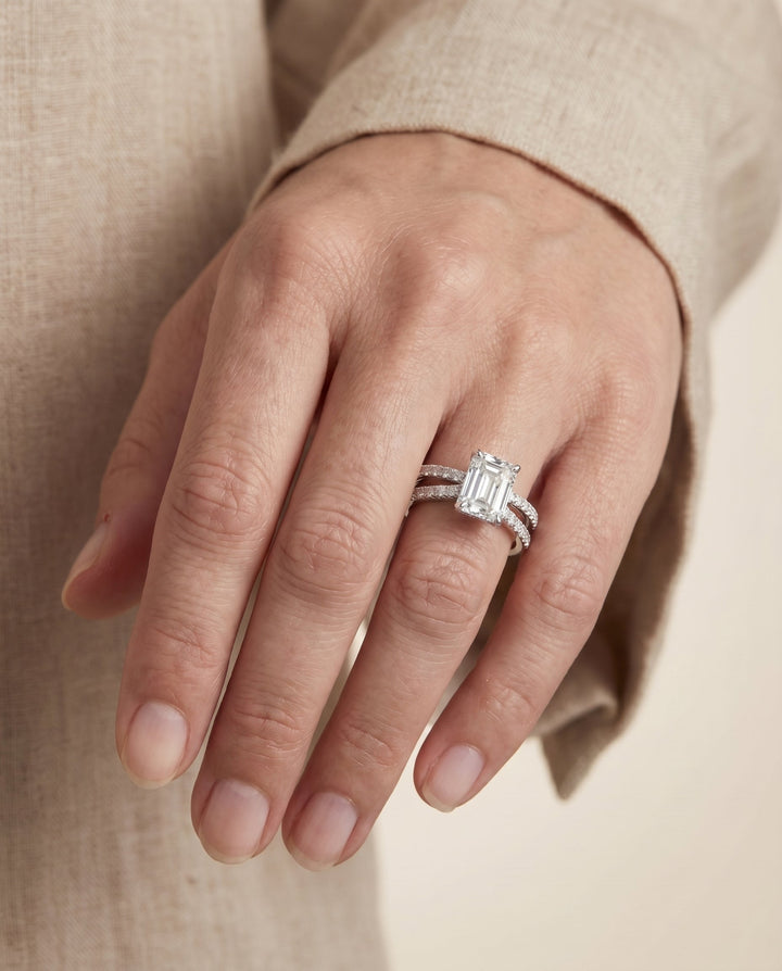 The Carole Select Two Row Pave Split Shank Emerald Cut Solitaire Engagement Ring with Lab Diamond in 14K White Gold — view 3
