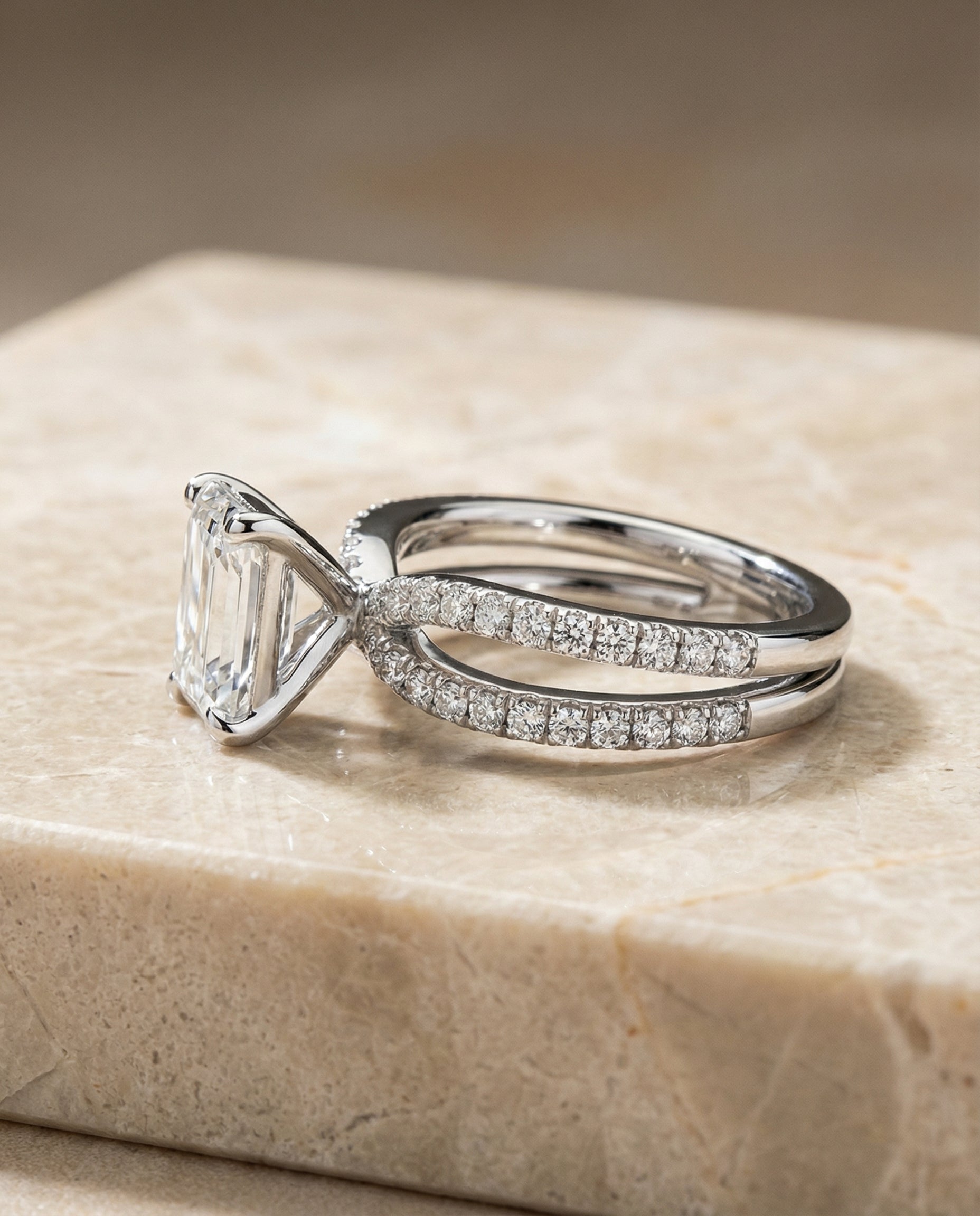 The Carole two row pavé split shank cut engagement ring setting, shown in Platinum | RockHer